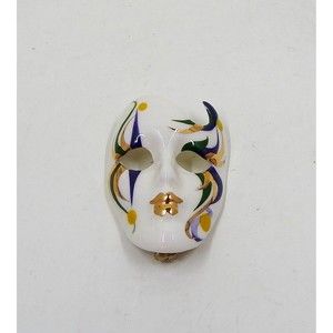 New Orleans Face Mask Pin Brooch Ceramic Hand Painted Signed Teal Black Gold
